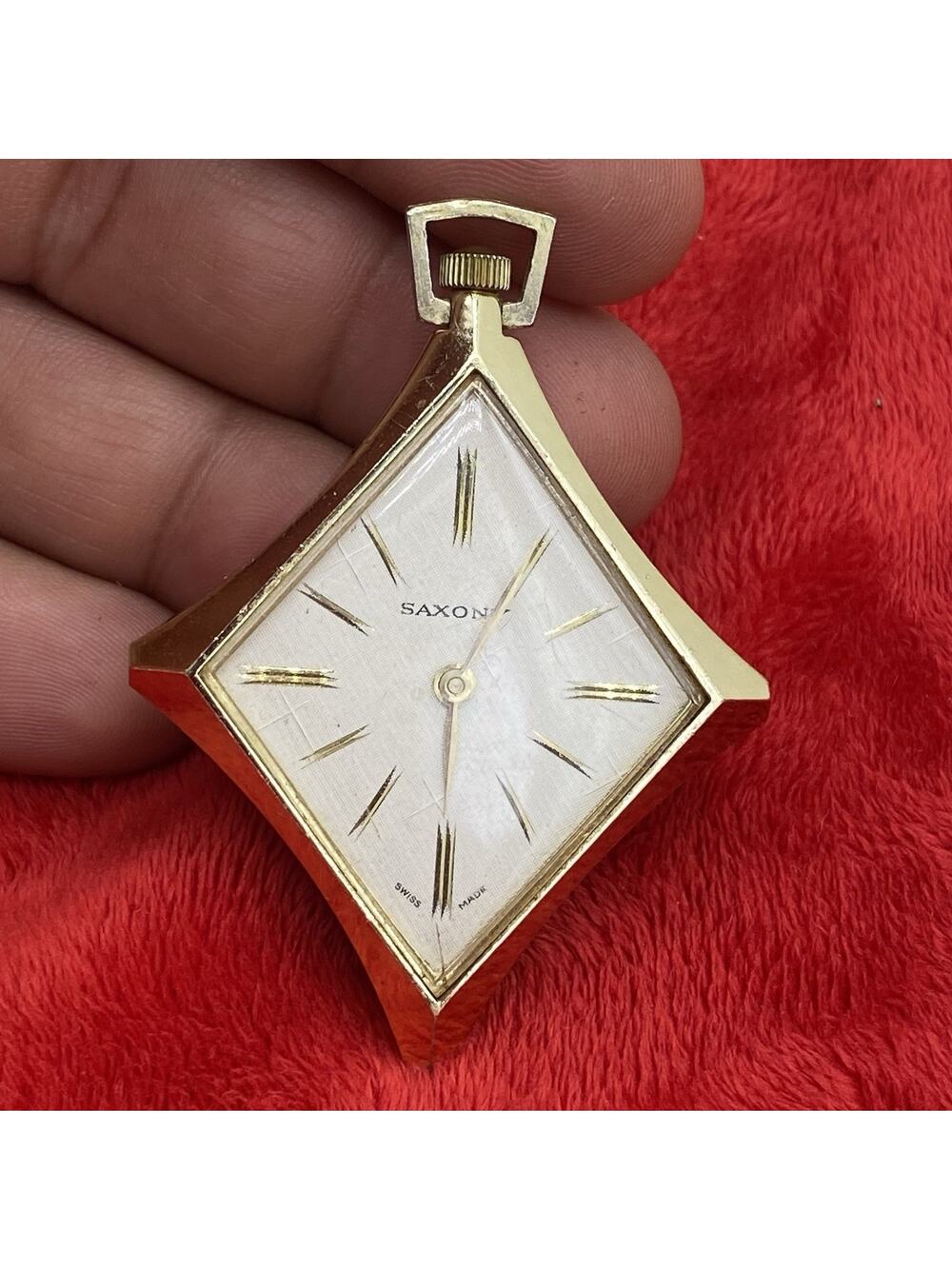 Saxony Pocket Watch Necklace Pendant Rare Mechanical Vintage Diamond Gold Tone